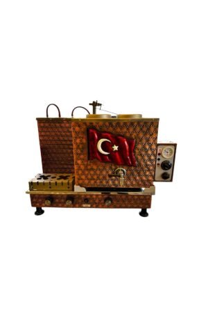 1_org_zoom-390 Meşale 2 Demlikli Antik Bakır Türk Bayraklı Elektrik + Gazlı Full Otomatik Çay Kazanı